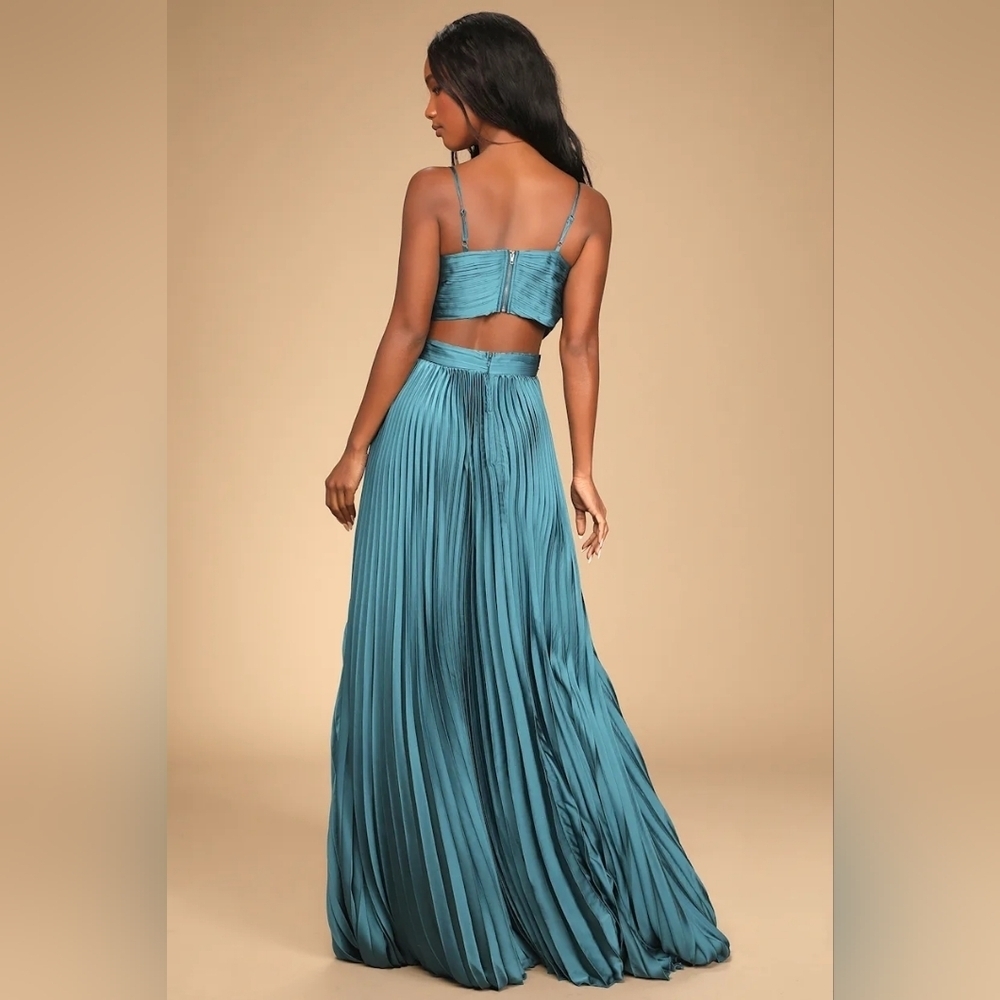 Lulus Got the Glam Teal Pleated Cutout Maxi Dress S Wedding Party Prom Whimsical - Picture 4 of 11